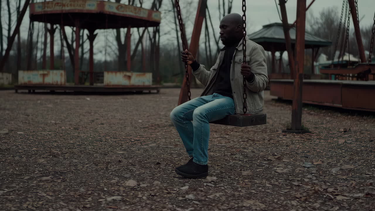 Man on a swing in an abandoned park