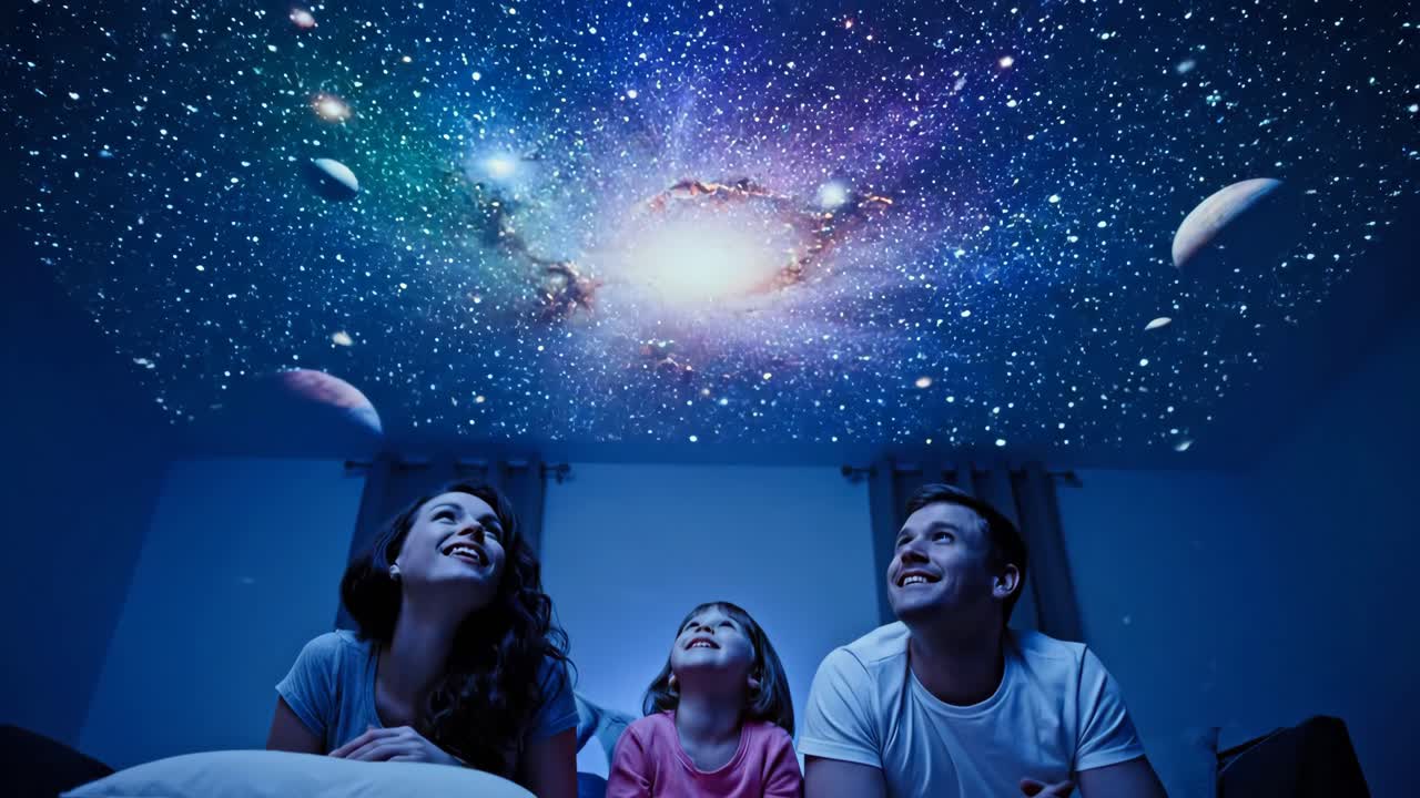 Family enjoying a galaxy projector at home
