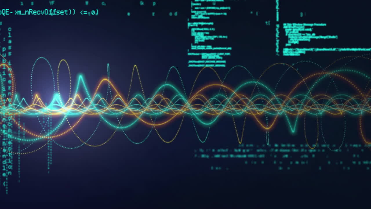 Colorful sound waves and digital code animation on dark background