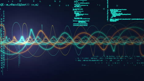 colorful sound waves and digital code animation on dark background