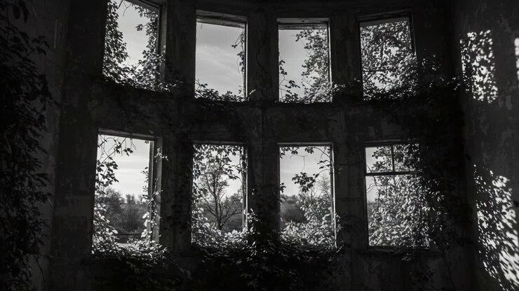 Una Mostra Inquietante della Resilienza della Natura: Viti Rampicanti e Ombre Giocano all'Interno di Finestre Abbandonate di una Struttura Dimenticata.