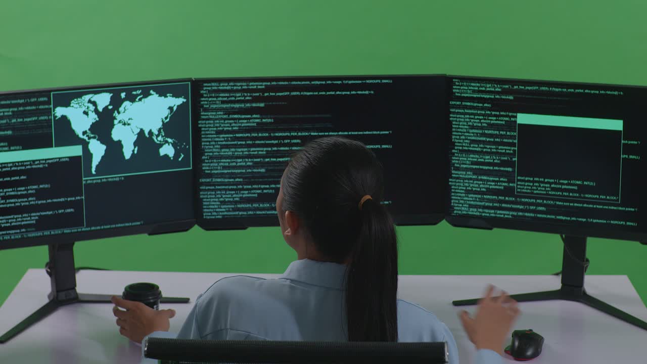 아시아 여성 개발자가 커피를 마시고 컴퓨터를 사용하여 그린 스크린 스튜디오에서 여러 화면으로 코드를 작성하는 뒷면