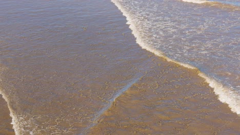 Imágenes-Aéreas-De-Olas-Rompiendo-Suavemente-En-La-Playa,-Con-Arena-Dorada.