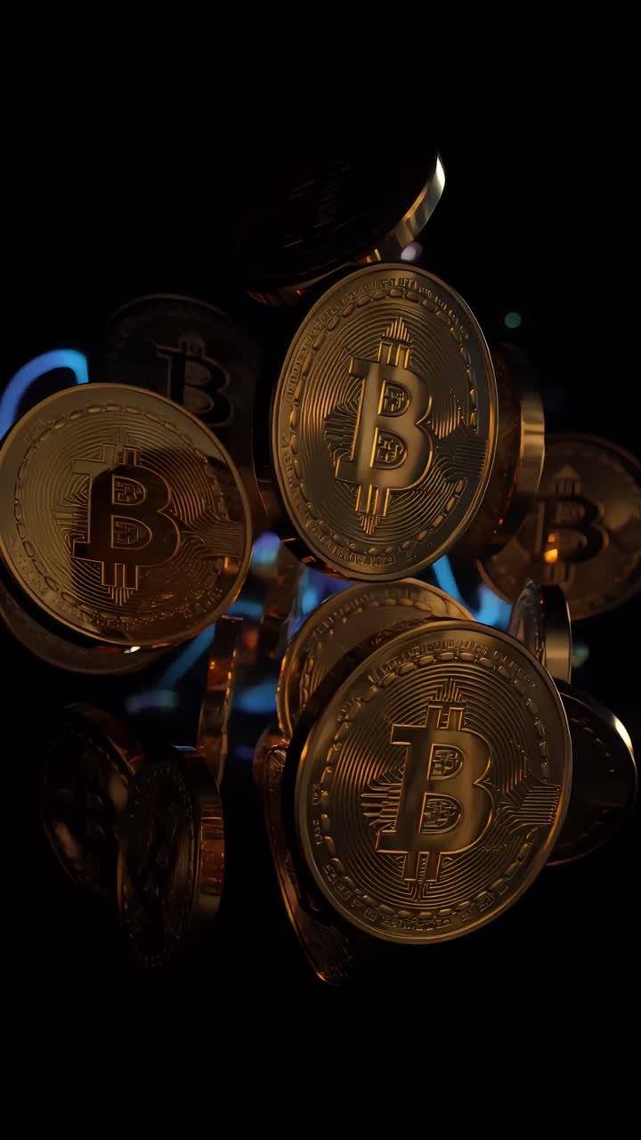 Animazione rotante di Bitcoin dorato su sfondo scuro, criptovaluta cinematografica 4K.