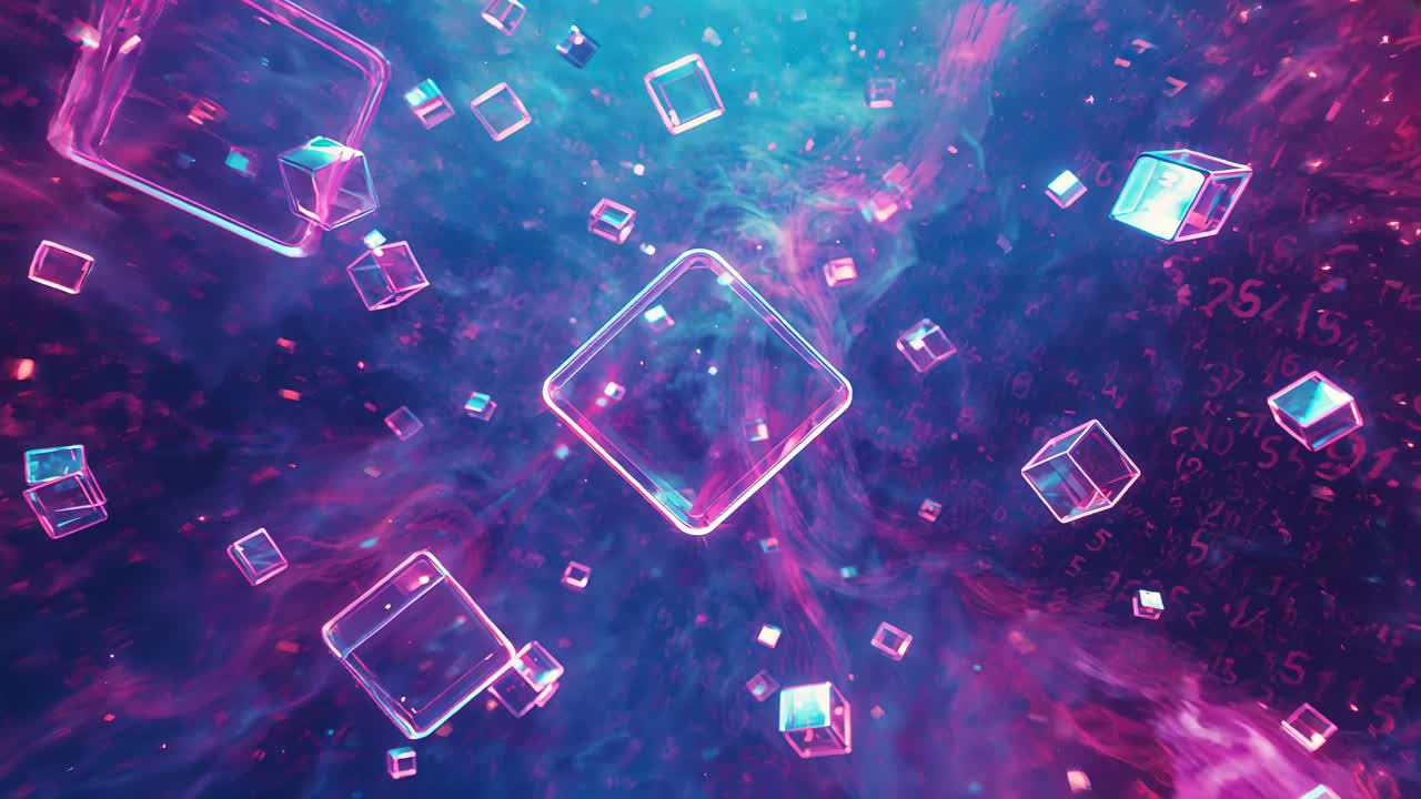 Opening revealing wireframe cubes orbiting rotating central cube in nebula, with cyan-magenta edges