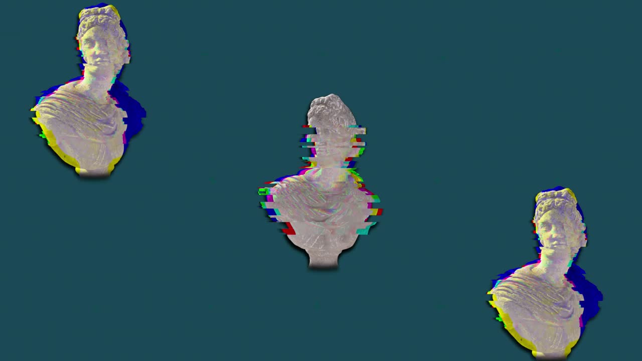 animación de esculturas de cabezas con interferencia en fondo azul.