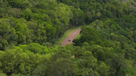 a car traveling on a road in the middle of the jungle