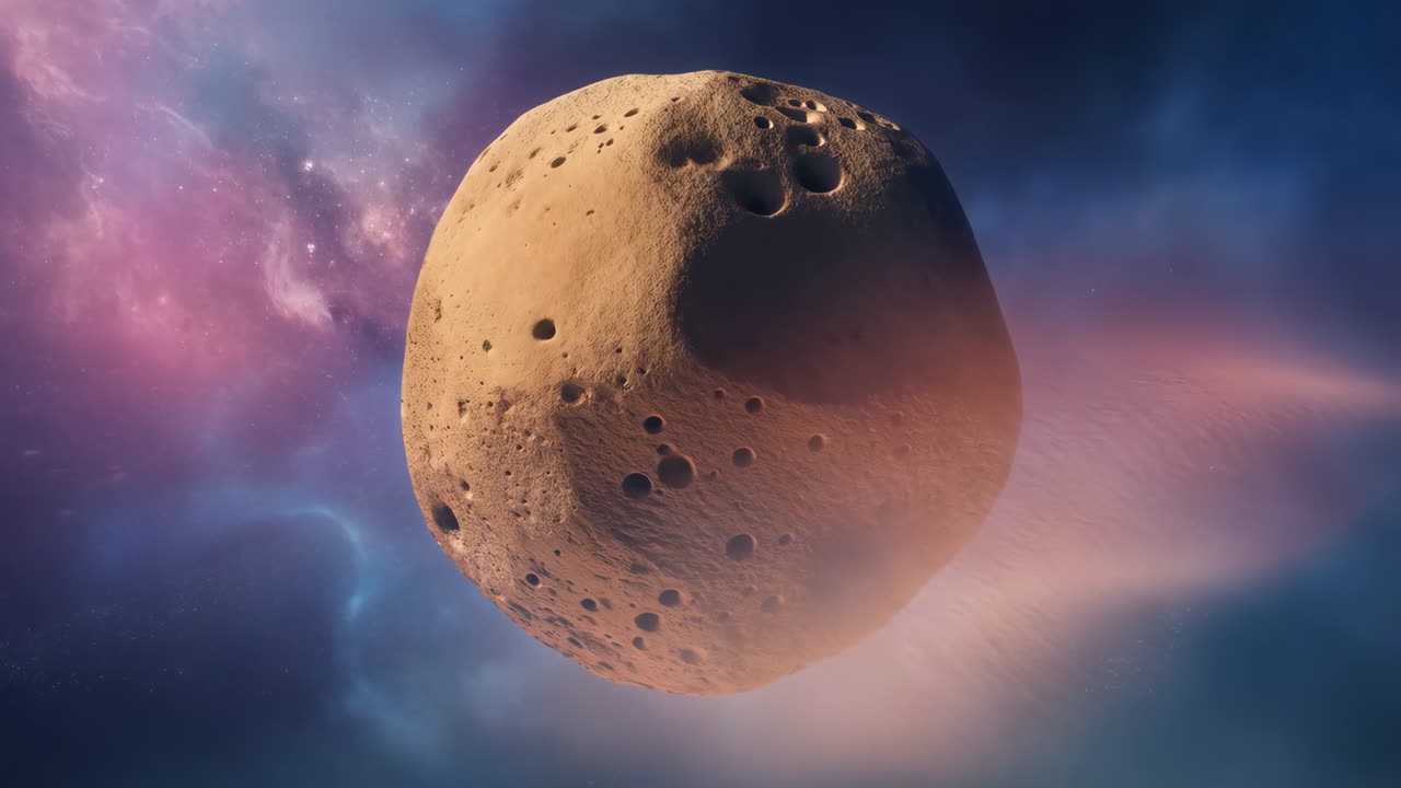 Asteroid with Craters in a Colorful Nebula