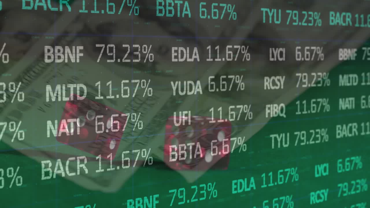 두 개의 주사위와 초록색 배경의 미국 달러 지폐에 대한 금융 데이터 처리 애니메이션