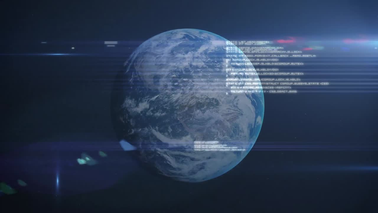 Animation of data processing and glowing light trails over planet earth