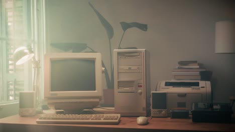 retro pc computer gaming, desktop vintage with loading code console, programmer making scripts, green basic screen, old computer studio close-up, retro wave display, late 90s pc.