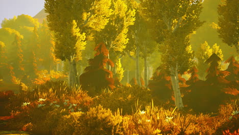 cartoon wooded forest trees backlit by golden sunlight