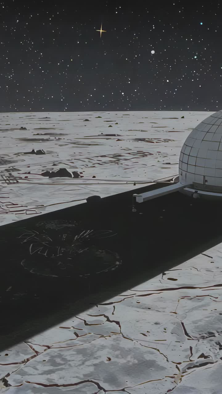 Vertical video: Panning camera centering tiled dome with support arm on lunar plain, copy space