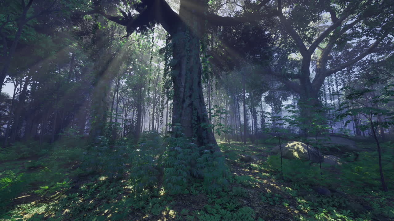 Dappled sunlight filters through towering trees in a serene forest