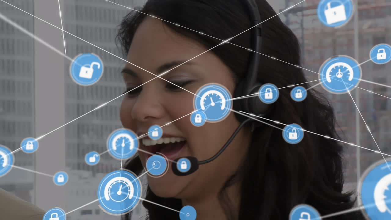 animación de una red de conexiones e iconos sobre una mujer de negocios con auriculares