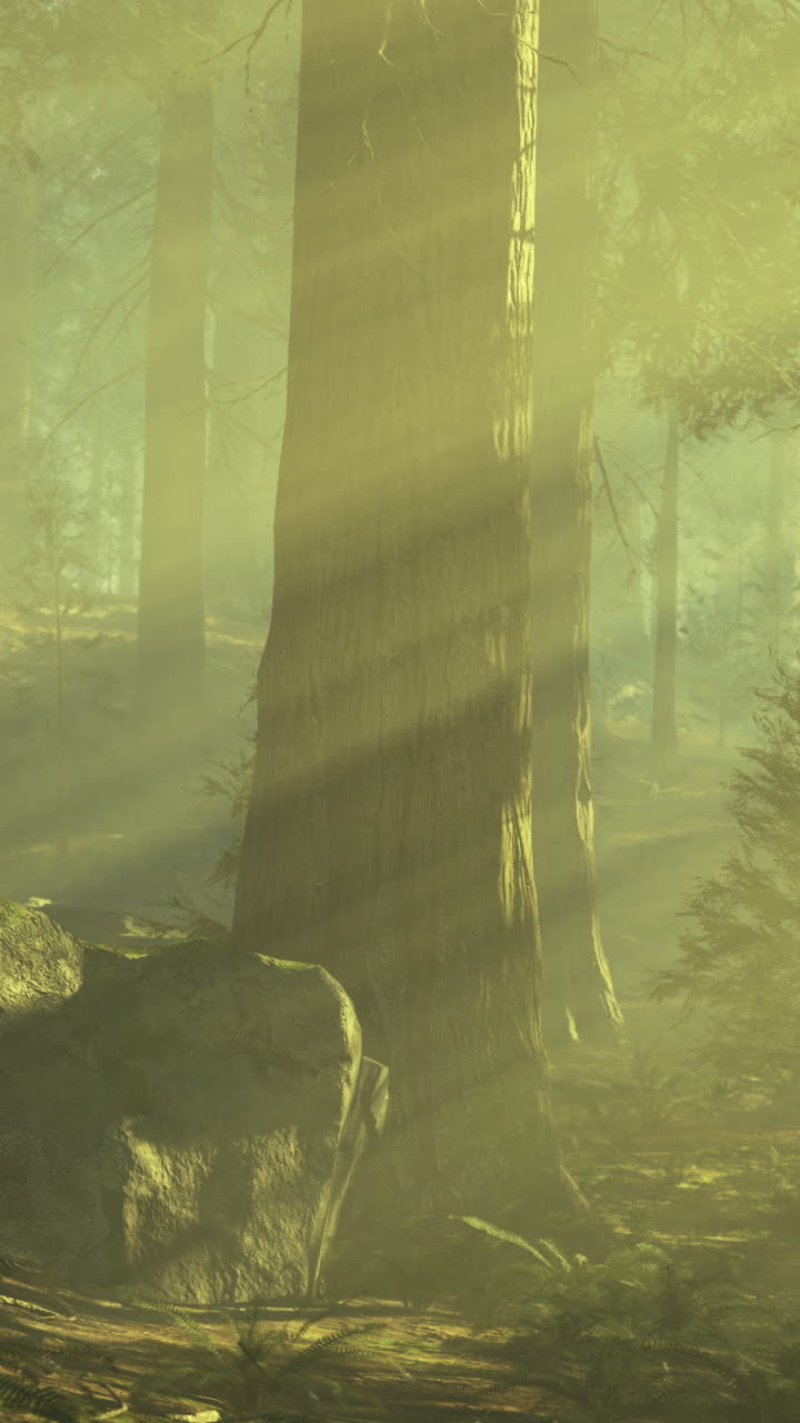 Sunlight filtering through trees in a serene forest setting