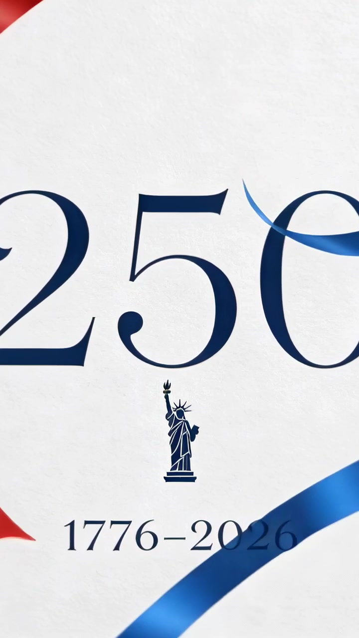 Video verticale: Nastri rossi e blu che entrano, spazzando via carta chiara, animando 250 Liberty 1776–2026.