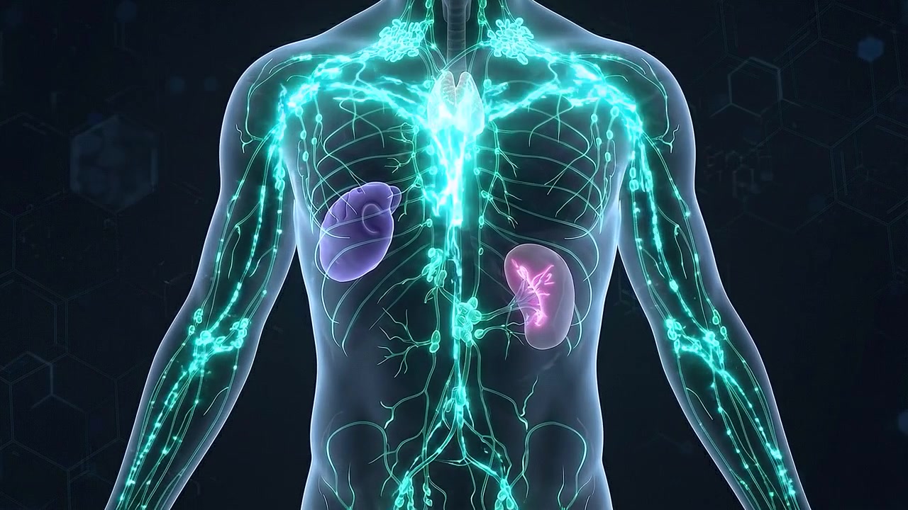 Standing transparent human body displaying green nerve pathways in medical view