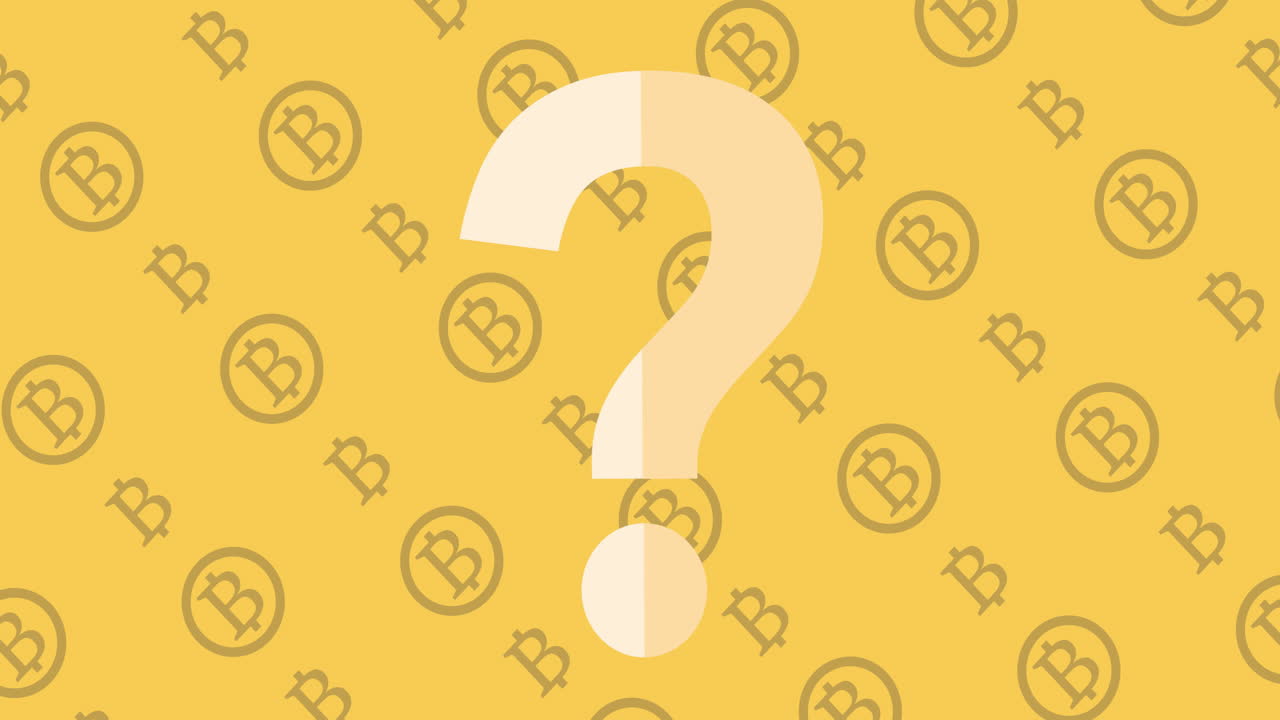 Question mark over Bitcoin symbols on yellow background