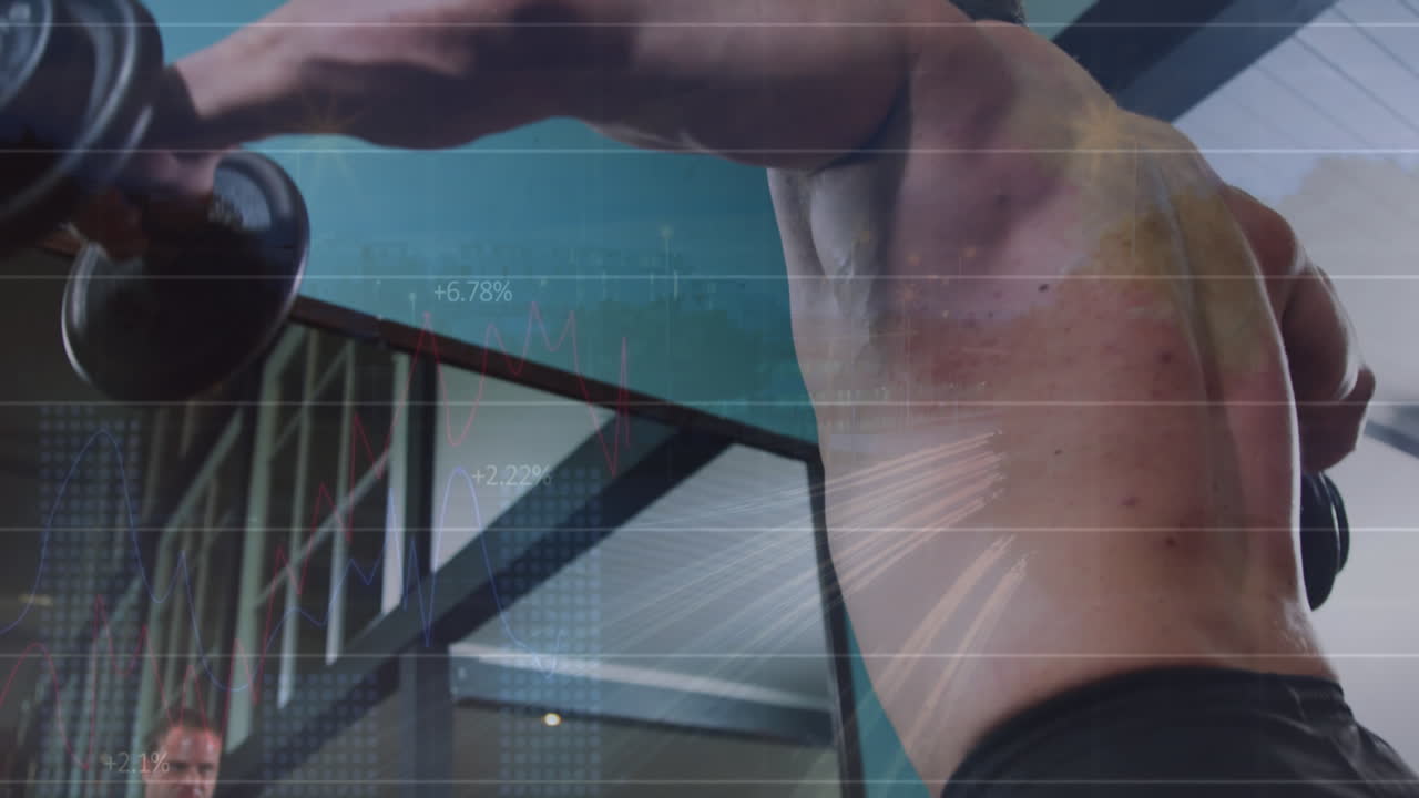 Animation of statistical data processing over caucasian fit man working out with dumbbells at gym