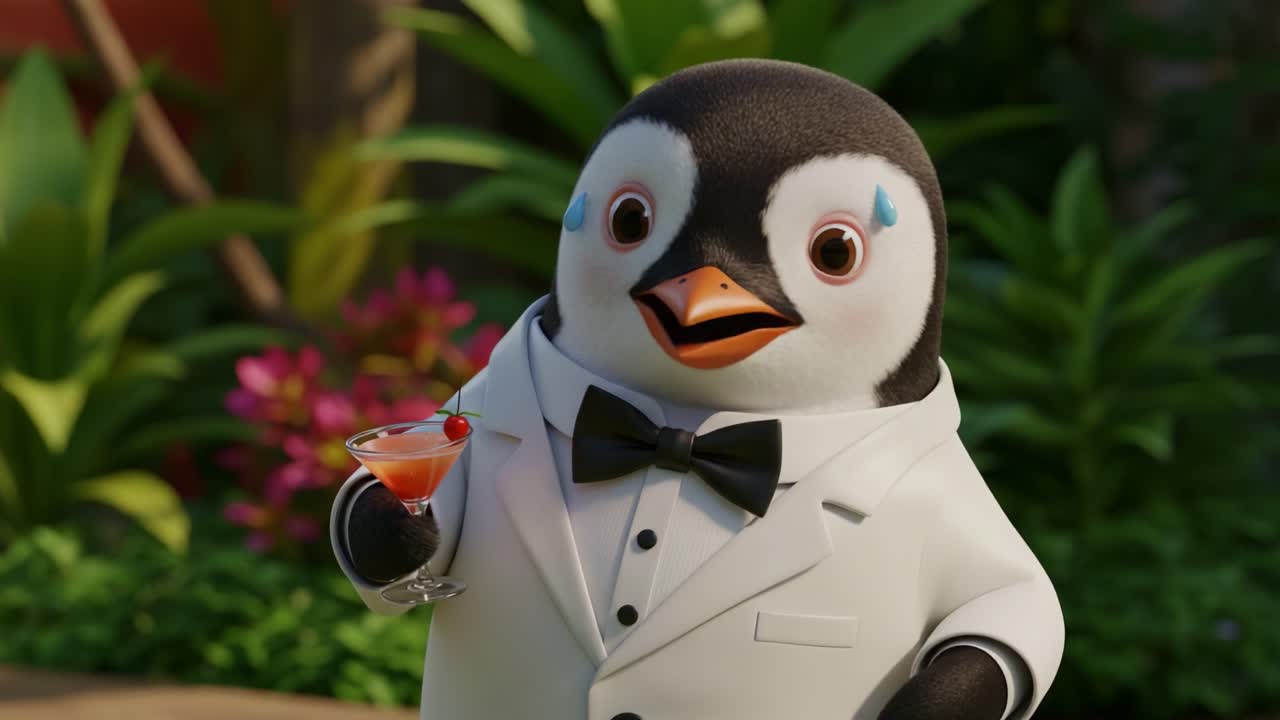 A Charming Animated Penguin in Formal Attire Enjoying a Colorful Cocktail, Perfectly Captured in the Tropical Background with Lush Greenery and Vibrant Flowers