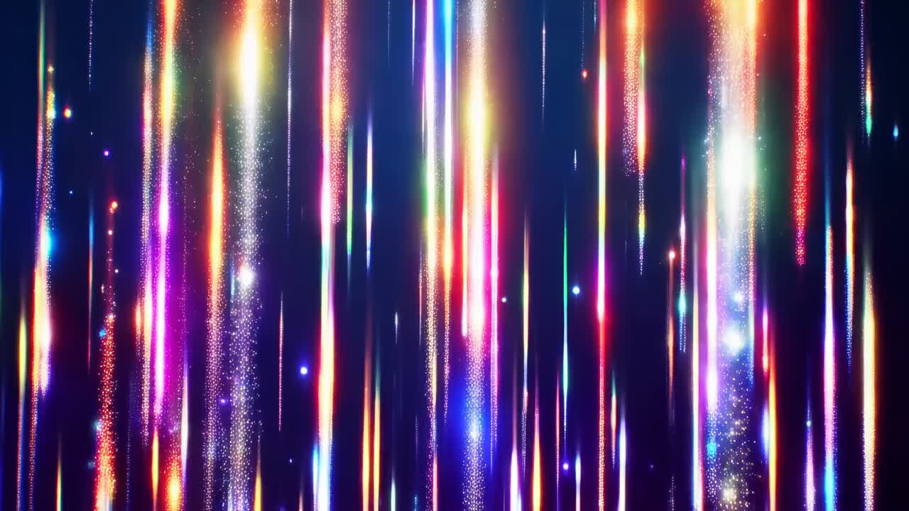 Shifting after frame shift vertical neon streaks forming rainbow shafts on navy field adding sparks