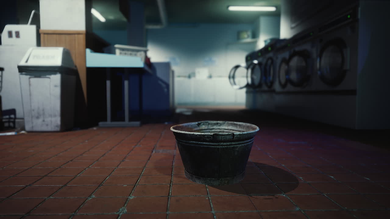 una lavandería abandonada por la noche