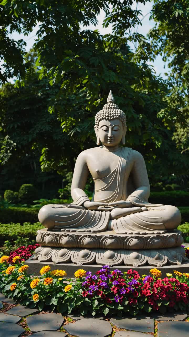A serene Buddha statue in a garden, surrounded by colorful flowers. Captured from a low angle