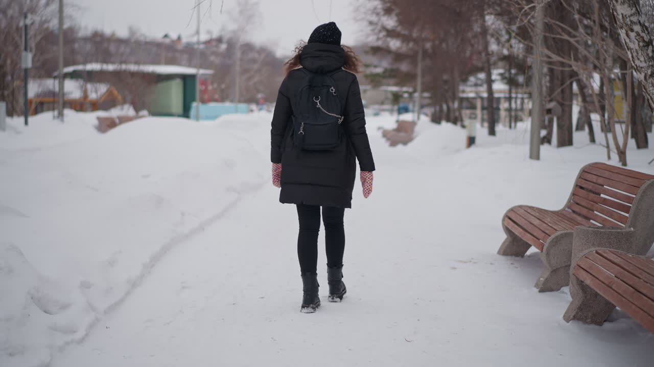 검은색 코트, 백팩, 모자, 장갑, 부츠를 신고 겨울 공원의 눈 덮인 길을 걷는 사람, 벤치, 나무, 추운 계절, 도시, 야외, 고독, 배경, 분위기, 쌀쌀한 날씨, 흐린 하늘, 평화로운 풍경
