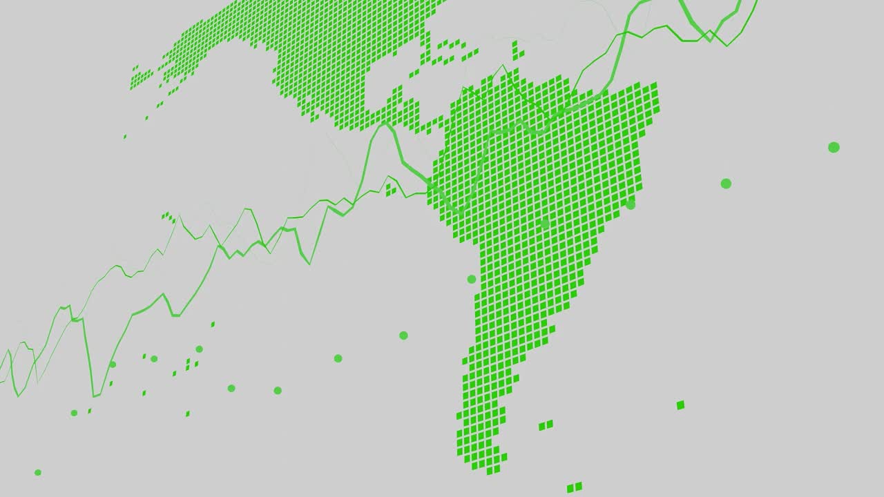 mapa del mundo abstracto américa del sur brasil, argentina, colombia, américa del norte, con regiones punteadas en verde y gráficos de líneas superpuestas en un fondo blanco claro visualización de datos y análisis global