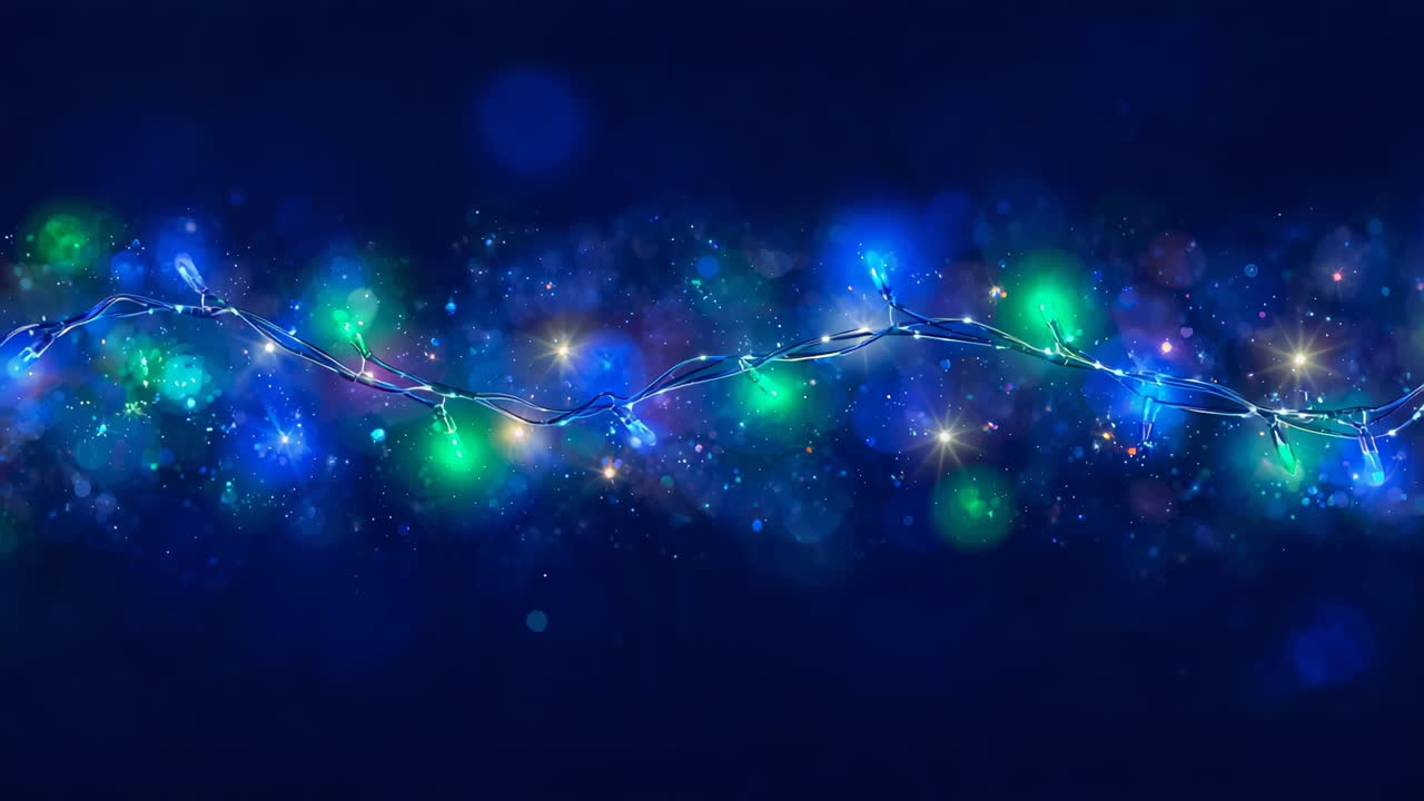 Playback starting, pulsing string of LED lights creating twinkle on deep navy backdrop with bokeh