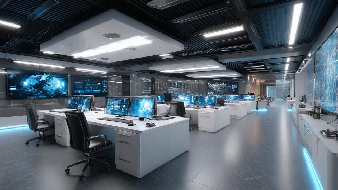 Futuristic Control Room with Multiple Workstations Featuring High-Tech Monitors and Advanced Data Displays for Operational Management and Analysis