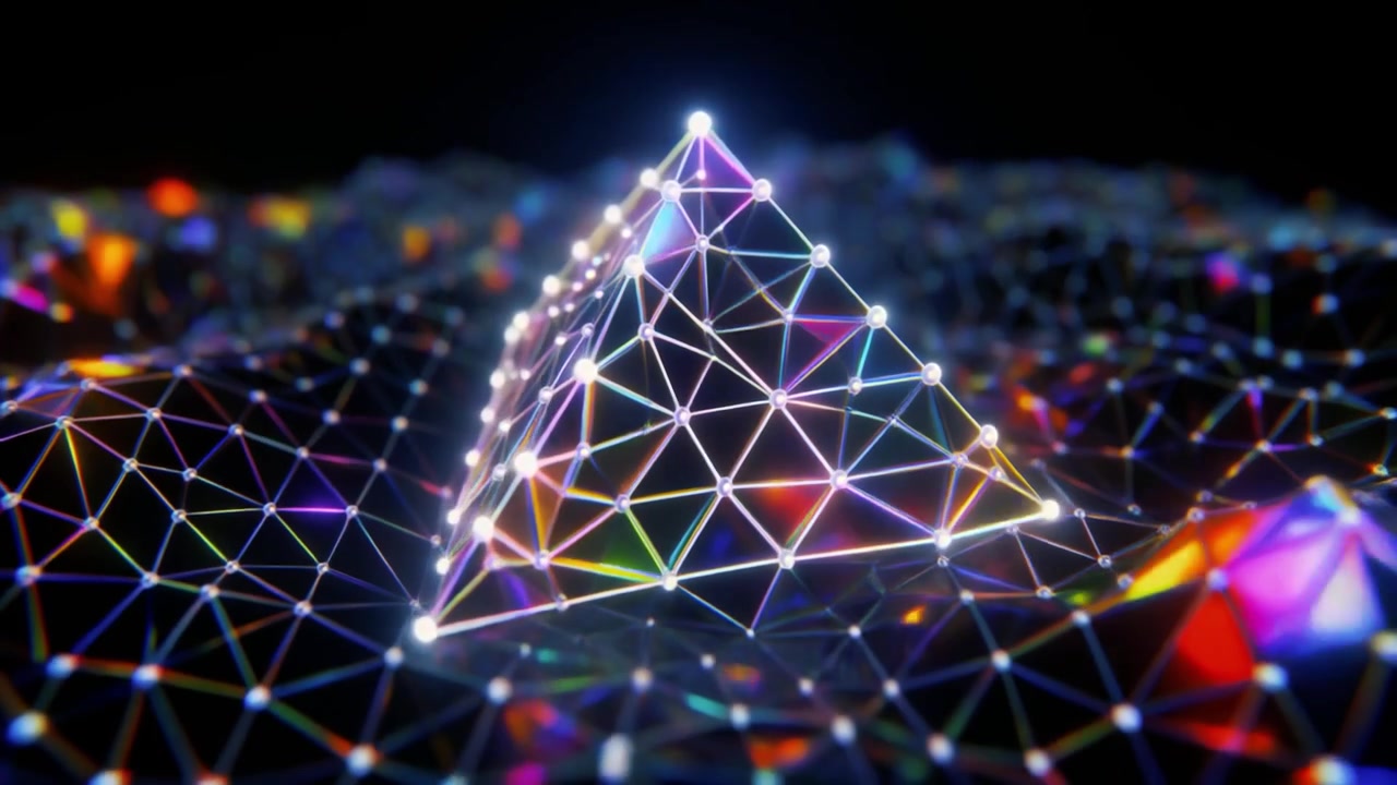 Leijuva hehkuva geometrinen pyramidi digitaalisen dataverkon yllä