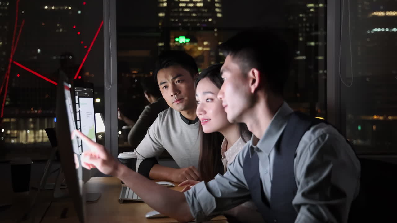 Teamwork makes dream work: business coworkers working late, feeling tired and stressed at his desk, eating instant noodles while working late night amidst high-pressure deadline in front of computer