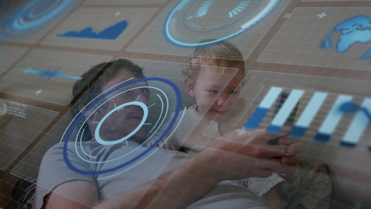 Far trykker på smartphone og introducerer datteren for interaktive datadashboards og en roterende globus.