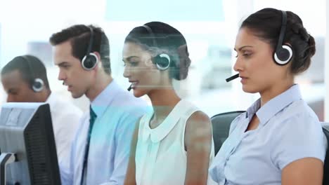 Animation-of-data-processing-over-business-people-using-phone-headsets