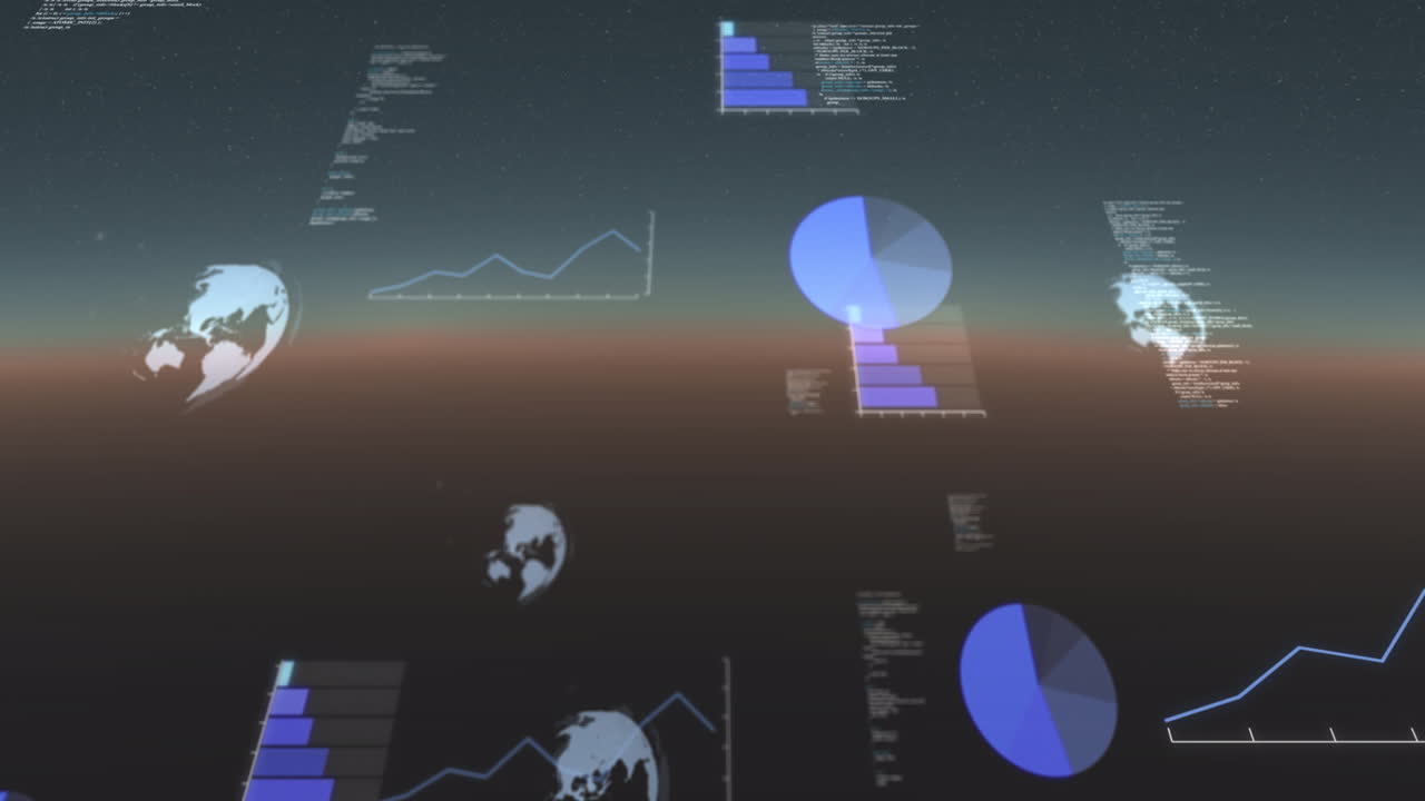 Animation of data processing, globes spinning and statistics recording on gradient background
