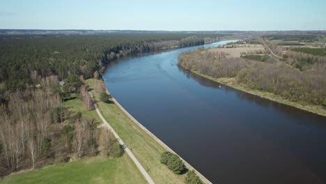 aerial: nemunas river banks on a sunny day in birstonas