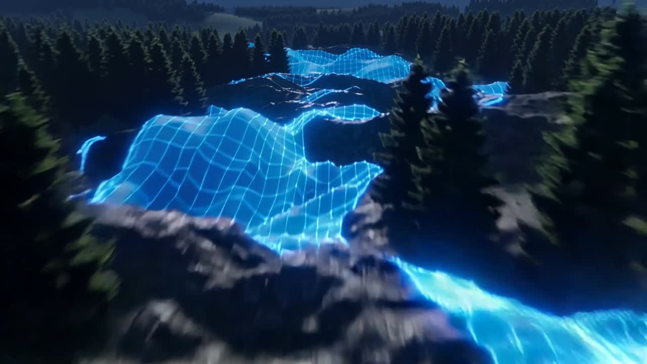 Pulling back camera revealing luminous blue mesh flowing through pine valley, marking rocky channel