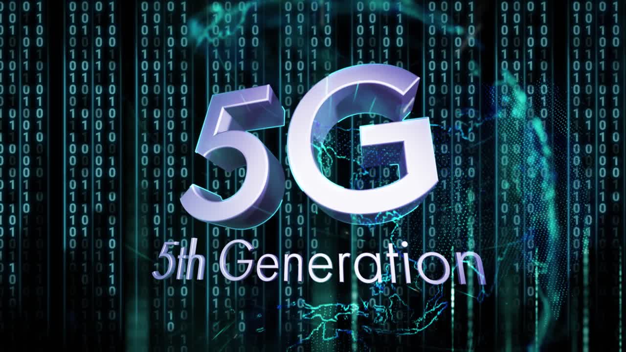 animazione di testo di generazione 5g e elaborazione dei dati su sfondo scuro