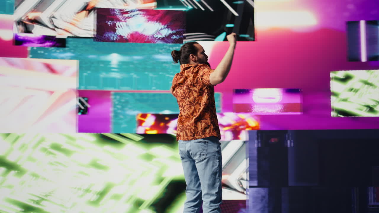 DJ influencer dancing around the club with electronic beats and artistic visuals