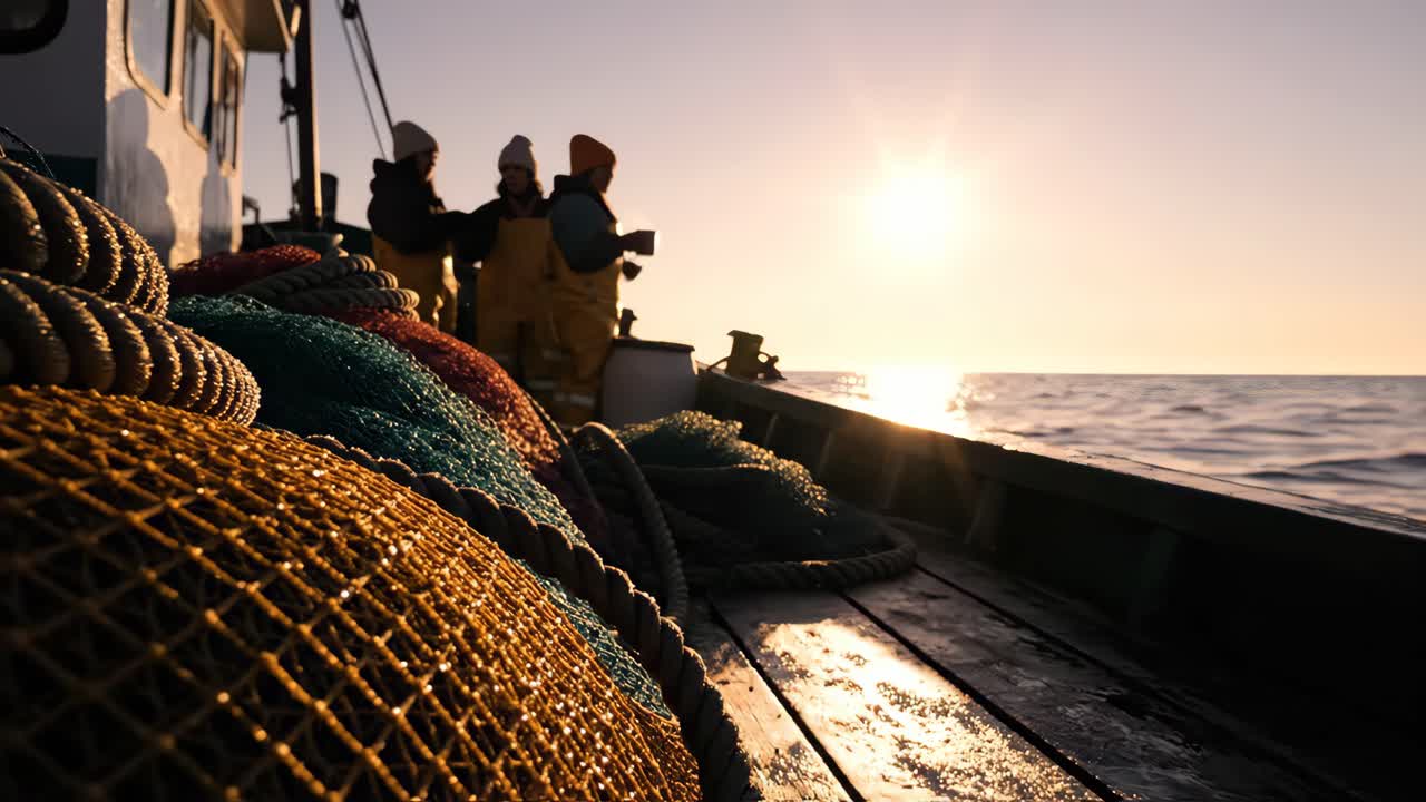 Pescadores en un barco de pesca al amanecer
