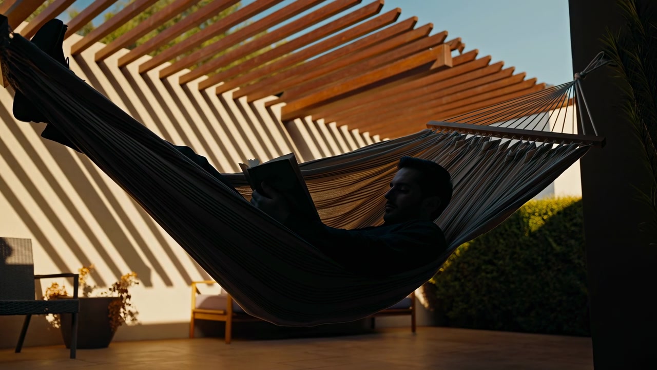 A silhouetted person lies relaxed in a hammock on a sunlit patio beneath a wooden pergola, with strong striped shadows, warm natural light, and a calm garden