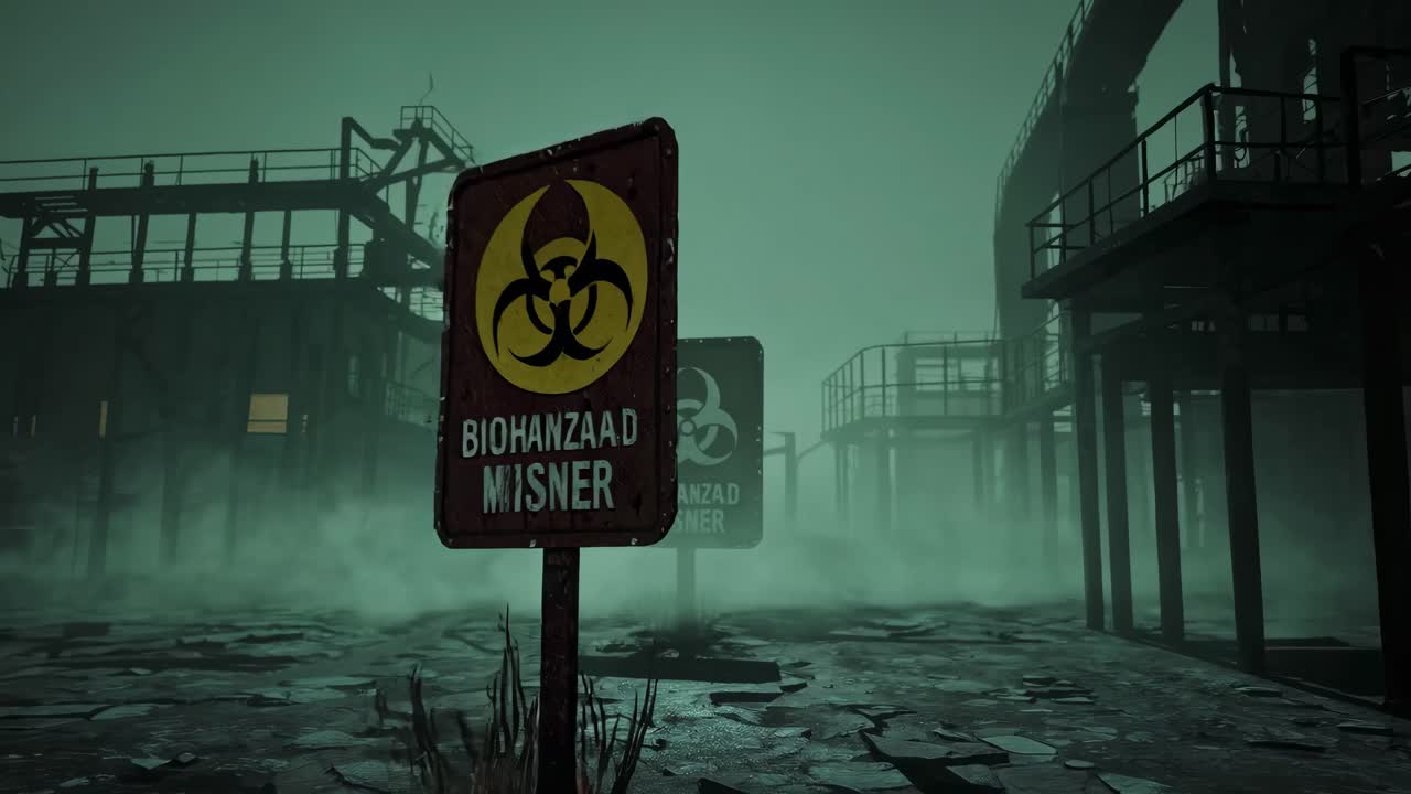 Eerie video scene of an industrial wasteland with biohazard signs