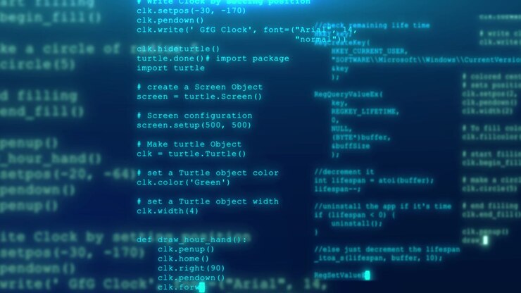 Codice di programmazione in esecuzione, terminale dello schermo del computer, sviluppo di tecnologie di programmazione e codifica