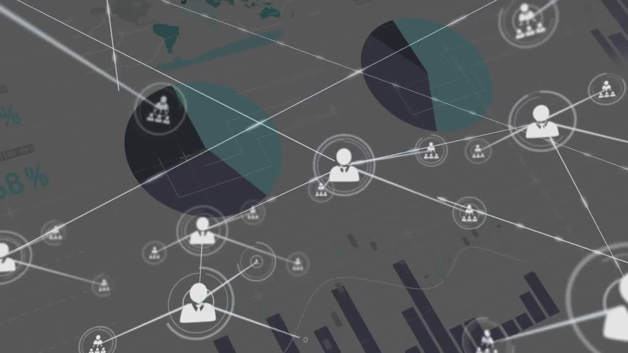 animación de la red de conexiones con los iconos de las personas y el procesamiento de datos financieros