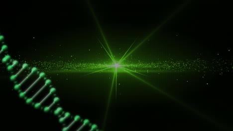 배경에서 녹색으로 빛나는 입자 위에 회전하는 dna 가닥의 애니메이션