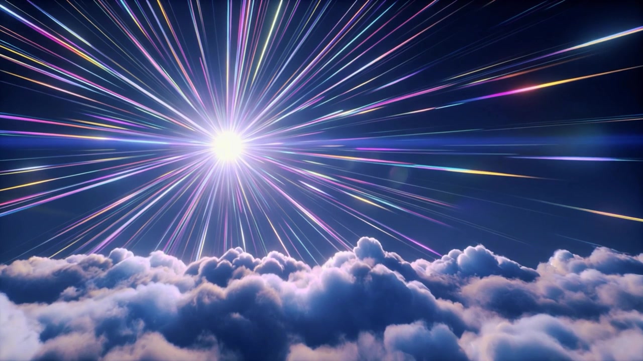 Bright Starburst Light Rays Above Clouds in Night Sky
