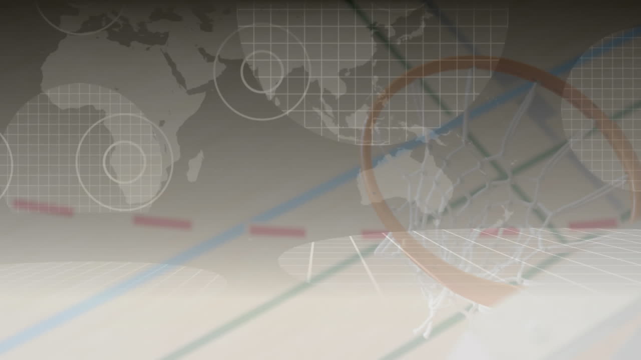 세계 지도와 커뮤니케이션 허브의 애니메이션 농구 선수의 득점 골