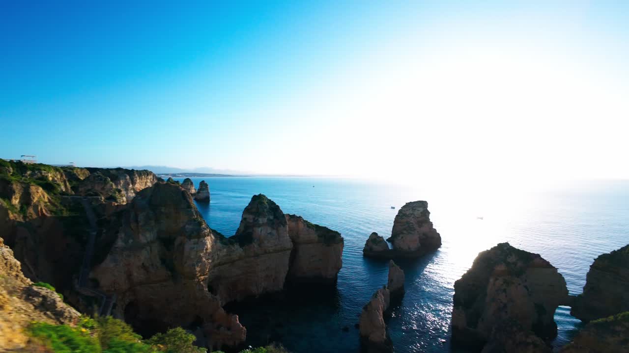 Drone Fly Over Sea Pillars Of Ponta da Piedade In Lagos, Portugal. FPV Shot
